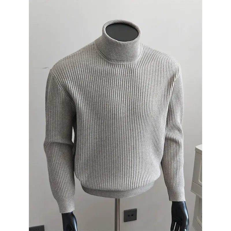 

Мужской трикотаж свободного кроя с высоким воротником, повседневный, для осени и зимы, базовая эластичная вязаная футболка-топ, однотонная