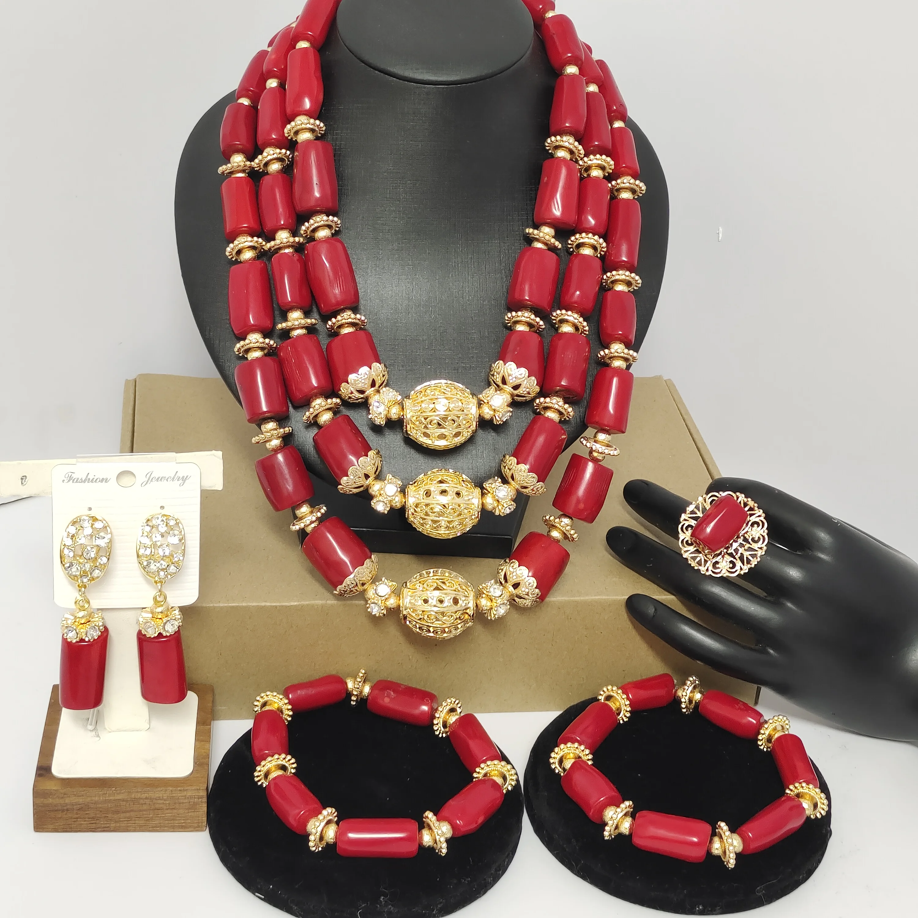 Red Coral Bead Jewelry Set Real
