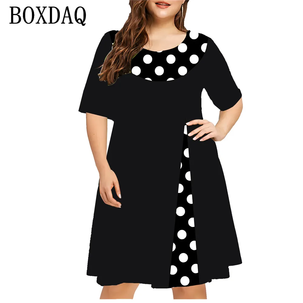 Vestido con estampado 3D de lunares falsos para mujer, ropa holgada de manga corta a la moda, talla grande, informal, cuello redondo, 6XL, 2024