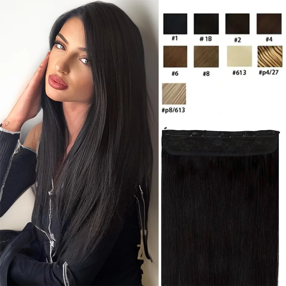 Fish Line One Piece Clips in Hair Extensions 120g Natural Straight 16“-26” 100% Human Hair with Invisible Adjustable Fish wire