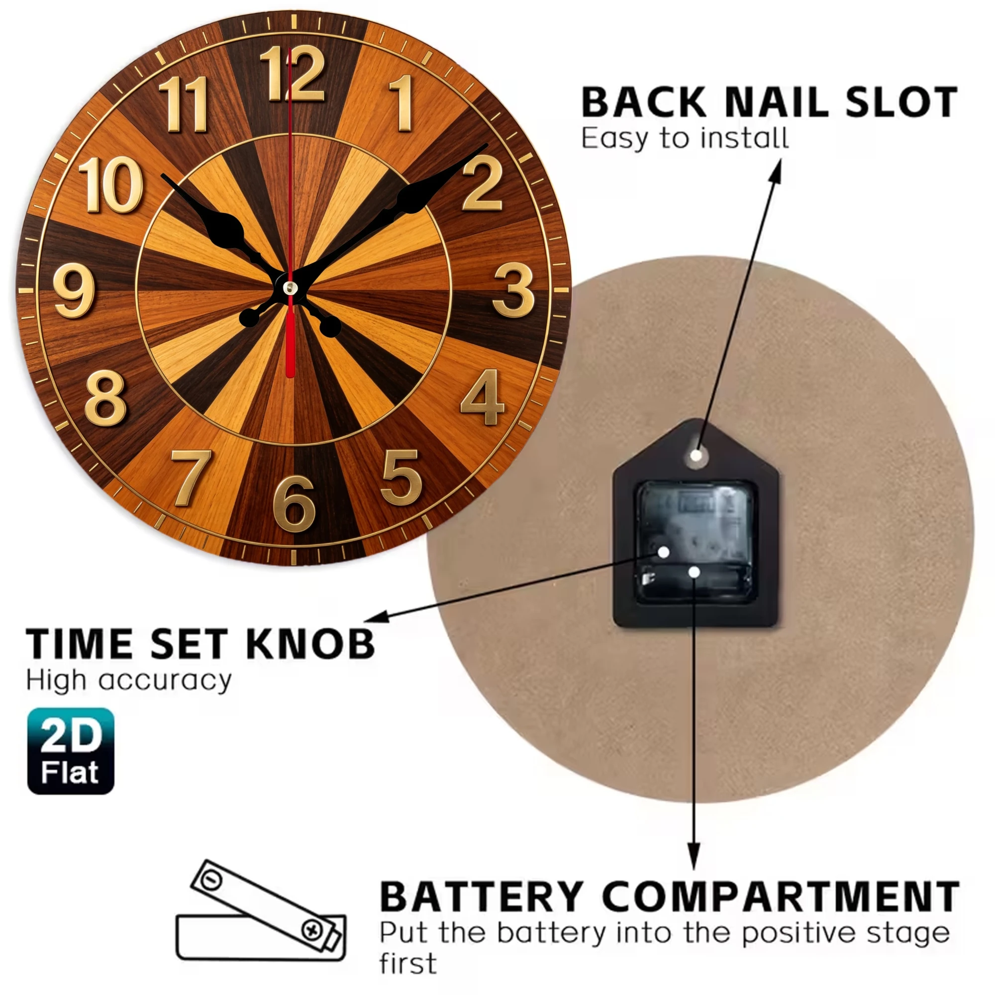 Wood Grain Sunburst Wooden Wall Clock, 10/12 Inch Round Wood Clock, Silent Non Ticking Quartz Movement, Rustic Radial Patchwork Printed Home Decor
