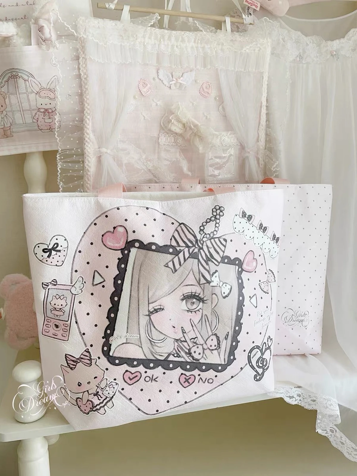 Pink Girl large capacity tote bag portable canvas bag cartoon cute shoulder bag armpit bag handbag shopping bag