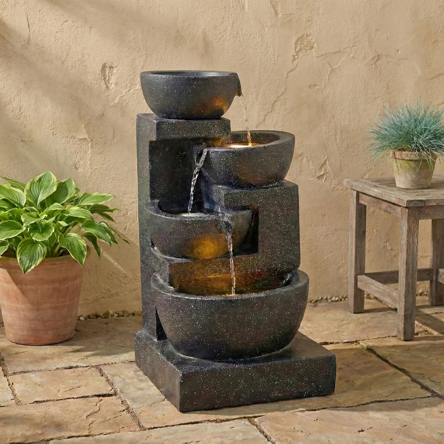 

29-Inch Terrazzo Style LED Outdoor Indoor Water Fountain with Cascading Bowls and Stacked Stones 4-Tier Ideal Waterfalls for Ga