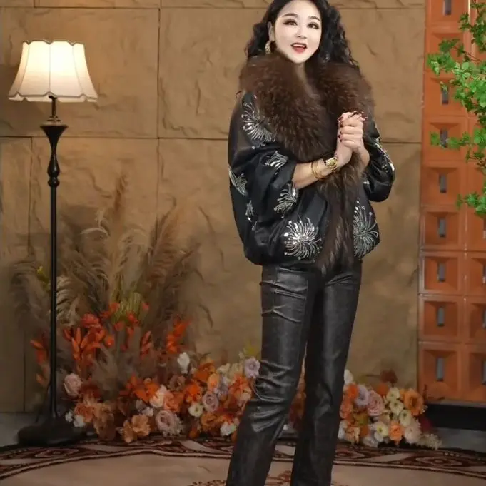 

Ele Luxury Women's Thiened PU Leather Jaet with Large Fur Collar Faionable Warm Outerwear Winter Season Long Sve