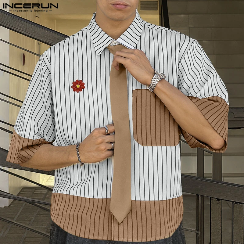 INCERUN الرجال قميص مخطط المرقعة التلبيب قصيرة الأكمام الرجال الملابس الشارع الشهير فضفاض الكورية نمط موضة قمصان الذكور عادية #2