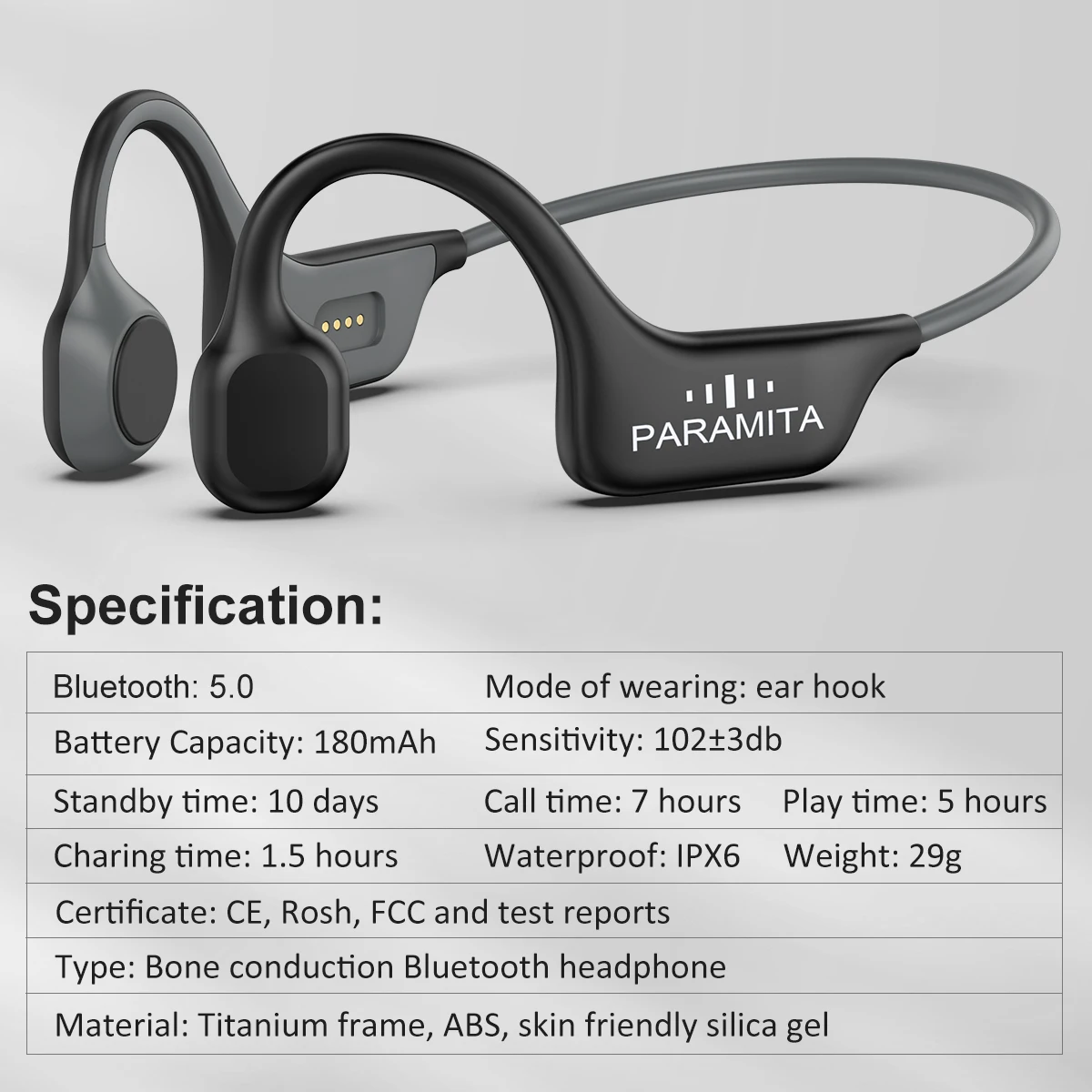 PARAMITA Наушники с настоящей костной проводимостью, Bluetooth, беспроводные наушники, водонепроницаемая спортивная гарнитура с микрофоном для тренировок, бега