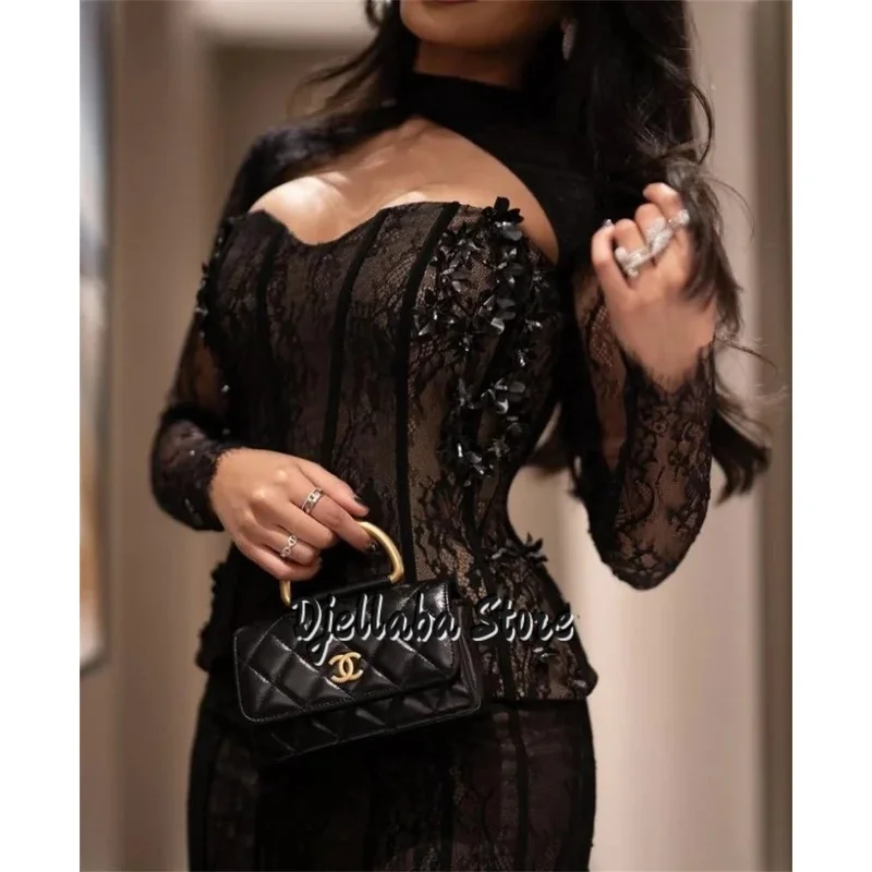 

3D Mini Flowers Lace Prom Dresses Two Piece Detachable Sleeve Sheath Sexy Court Train Evening Dresses