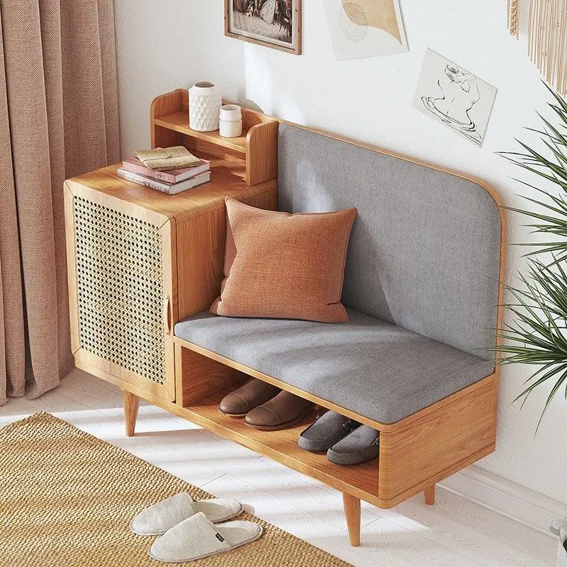 Nordic solid wood Japanese rattan home shoe stool storage small apartment all solid wood soft bag shoe stool