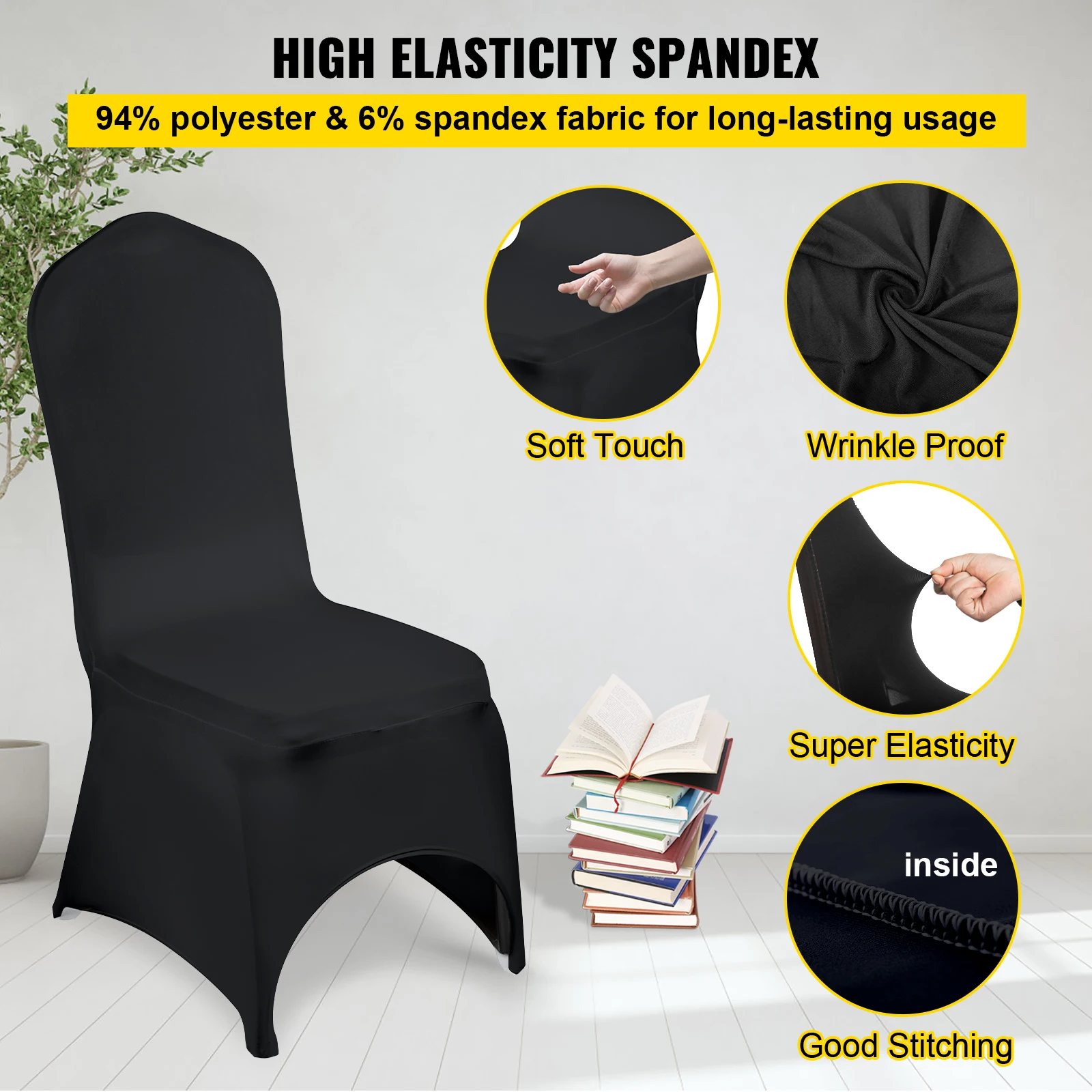 VEVOR 50 Pcs Black Chair Covers Polyester Spandex Stretch Slipcovers for Wedding Party Dining Banquet Arched-Front Chair Covers