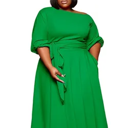 2024 INS Hot Syle Women Plus Size Dress Green Half Sleeves Slash Neck Sexy Party Pleats Dresses with Belt  4XL 5XL