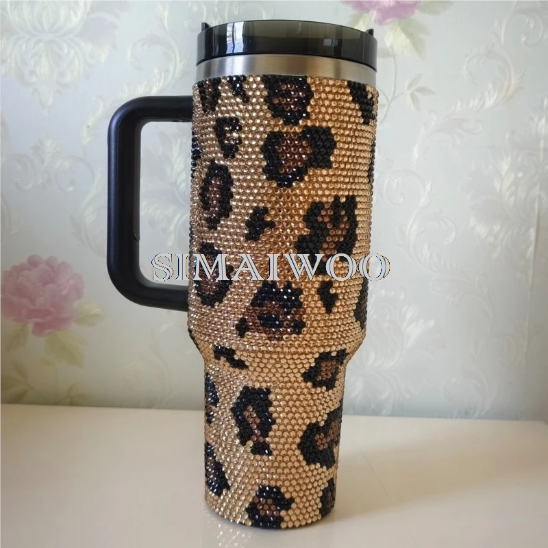 Hand-applied Leopard Rhinestone Tumbler Personalized Crystal Cup for Bridesmaids Insulated Stainless Steel Glitter Travel Mug
