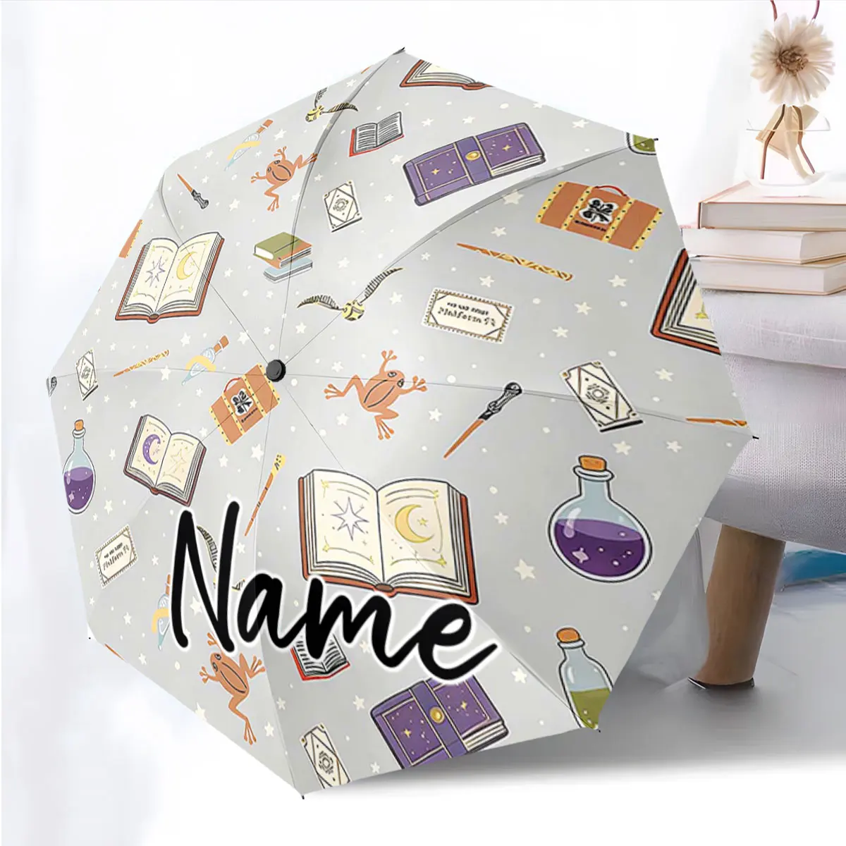Custom Name Magical Elements Themed Umbrella with Creative Print 8 Iron Ribs Folding Umbrella Auto-Open Fashion Sunshade