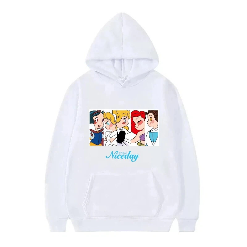 เสื้อฮู้ดดี้ลายเจ้าหญิงดิสนีย์ แฟชั่นการ์ตูนผู้หญิง สไตล์หลวมๆ น่ารัก สีขาว เสื้อผ้าฤดูใบไม้ร่วง เสื้อสวมหัวผู้หญิง ราคาถูก