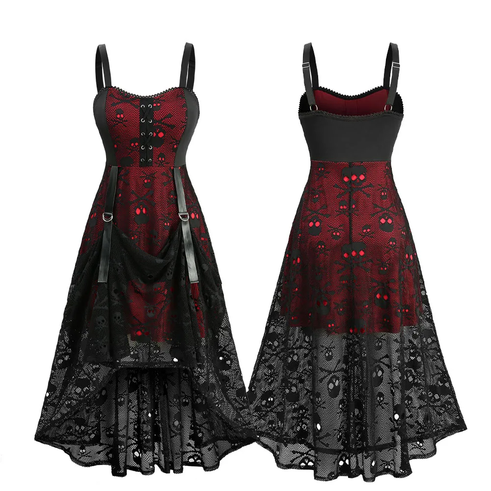 

ROSEGAL Платье больших размеров с высоким и низким вырезом на бретелях, ажурное платье с черепом на шнуровке и кружевной отделкой, модные платья уникального дизайна