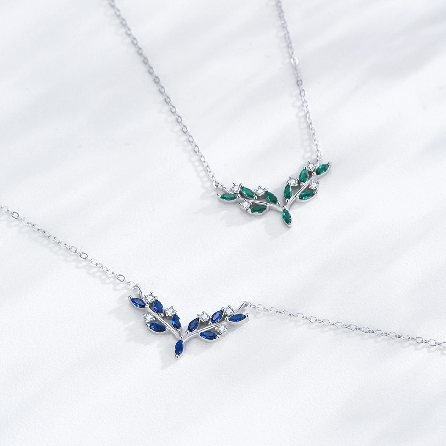 Ailmay 925 Sterling Silver Temperament Green Zircon Olive Branch Leaves Pendant Necklace For Women Jewelry Wedding Gift