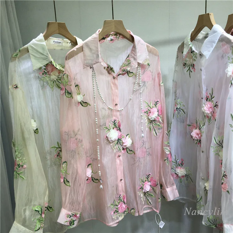 

European Goods Bead Shirt, Women's National Style Embroidery Princess Flower Light Perspective Summer Sunscreen Blouse, Tops