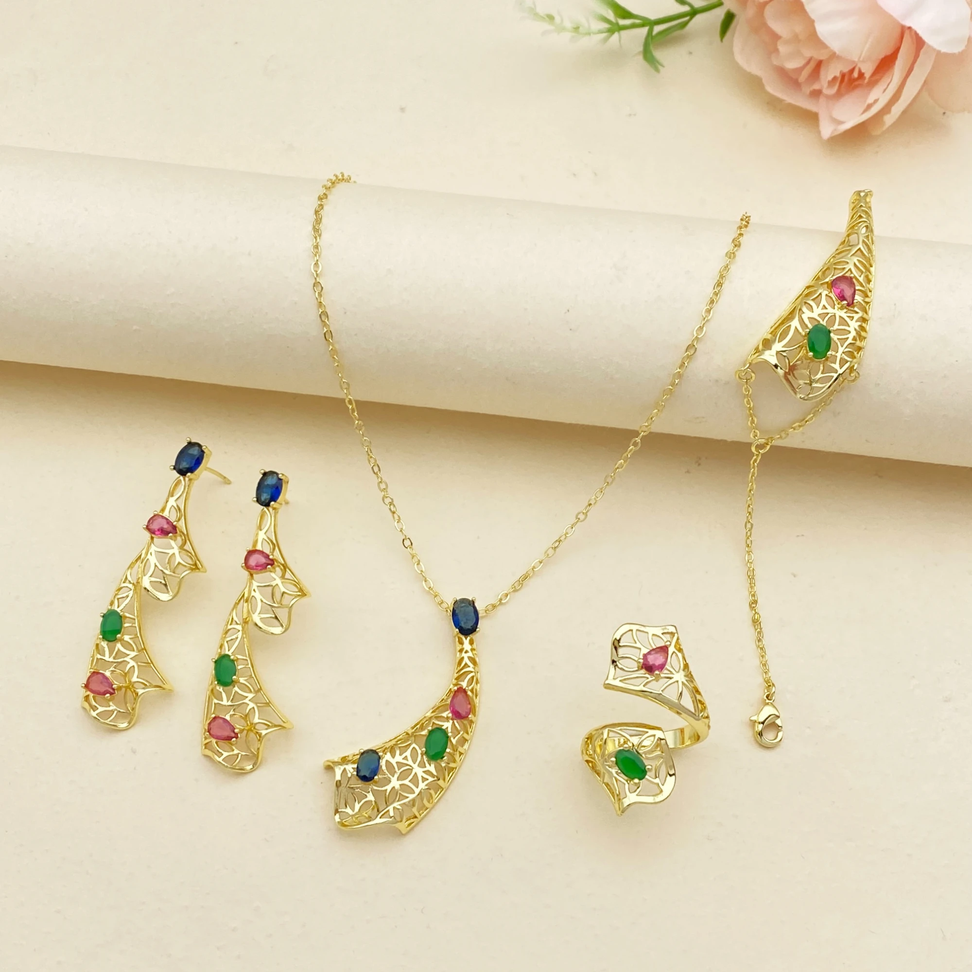

Flora Zircon Jewelry Set Gold Plated Copper Bohemian Simplicity Accessories with Necklace Earrings Ring Bracelet