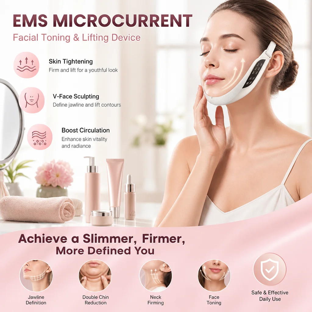 Appareil de beauté électrique EMS pour le lifting du visage, 6 modes, 8 niveaux, micro-courant, masseur facial raffermissant, élimination du double menton, soin de la peau