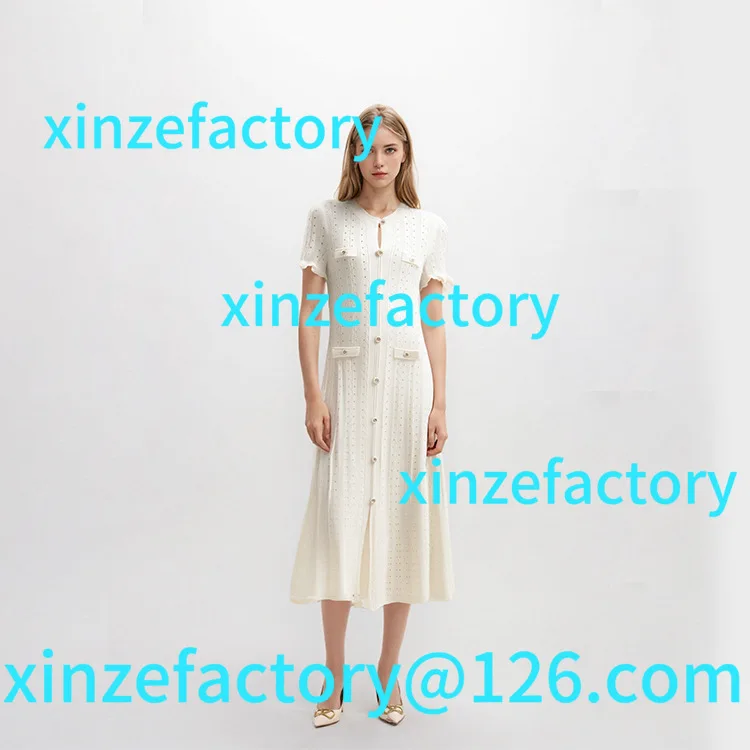 

Customization French White Crew Neck Short Sleeve Single-breasted Knitted Dress