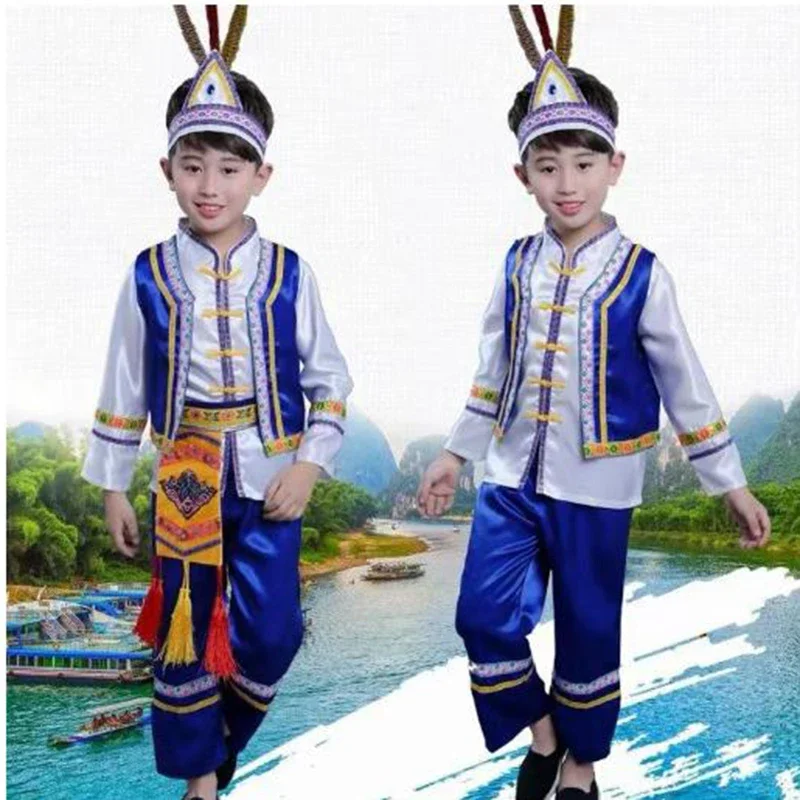 Chinese style ethnic minority children Miao performing costumes Boys and girls Zhuang Yi dance costumes