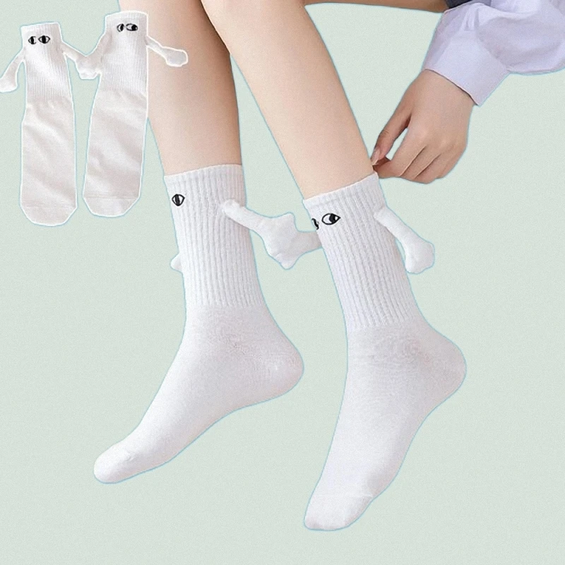 1 Pair 2024 New Fashion Woman Socks Funny Creative Magnetic Attraction Hands Black White Cartoon Eyes Couples Socks