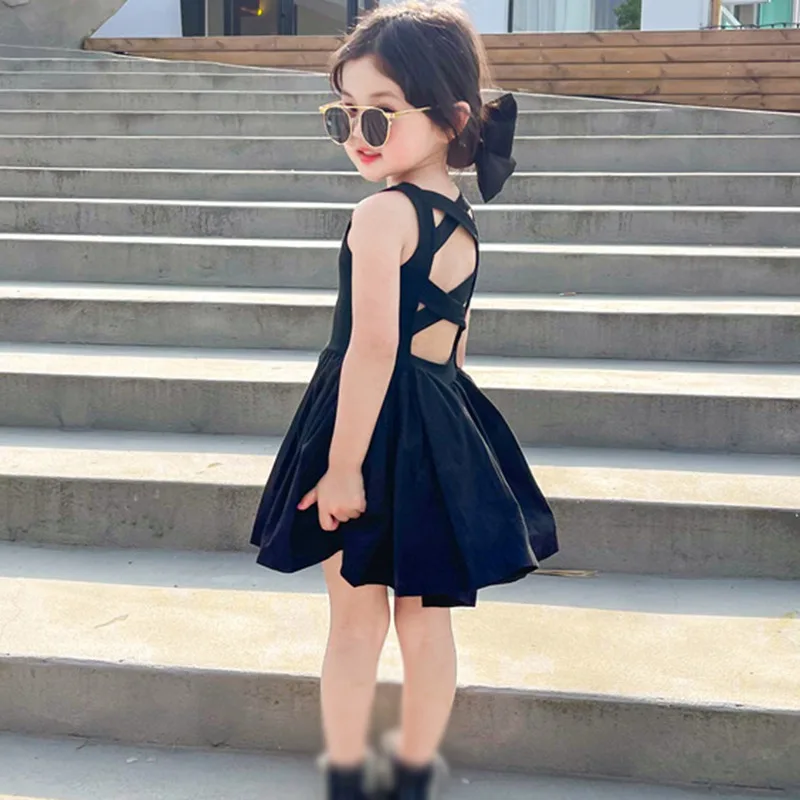 Summer Toddler Girls Wearing Cotton Sweet Cute Cool Wind Cross Backless Party Princess Dress For 1-7 Year Old Girls Black Dress