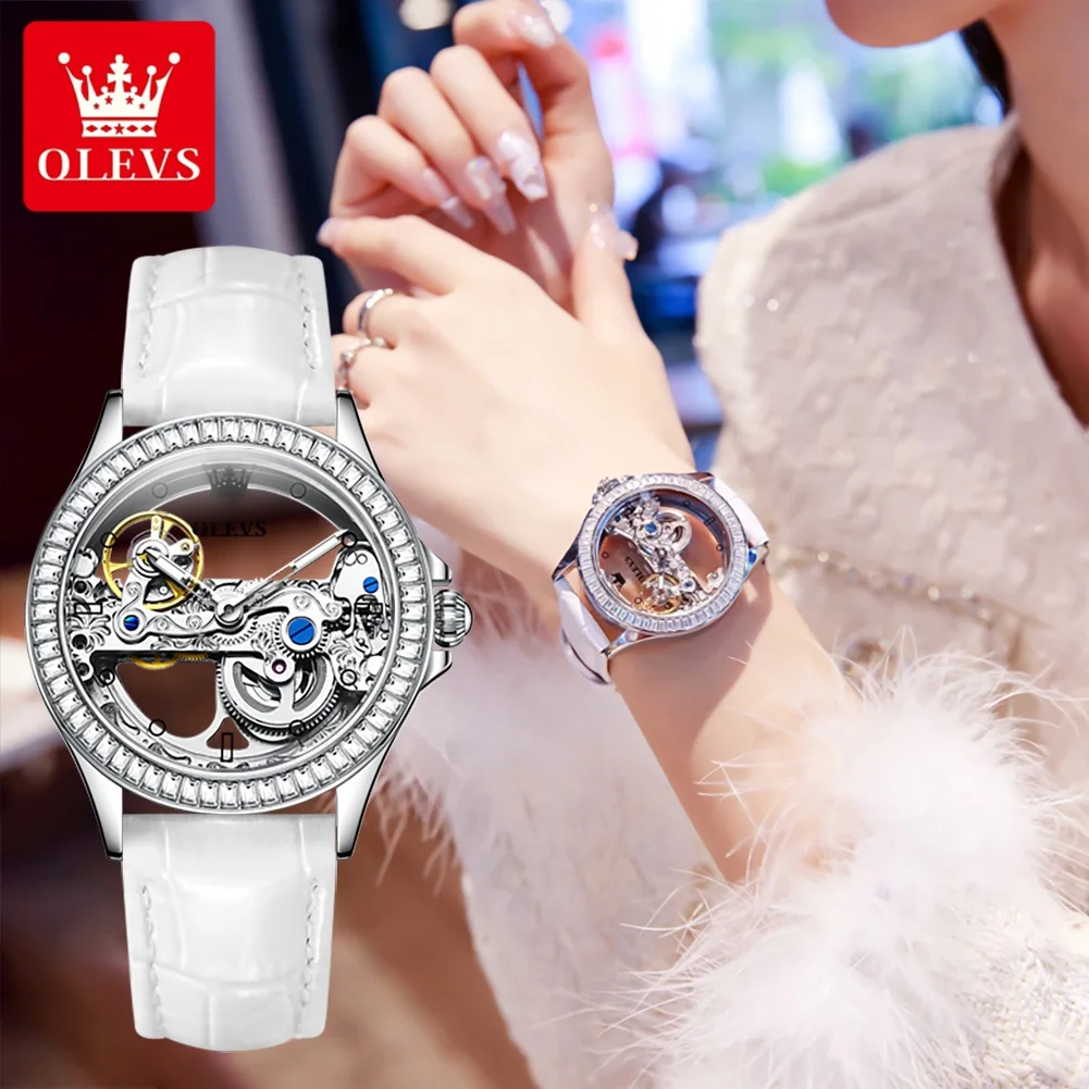 OLEVS Jam Tangan Mekanis Otomatis Wanita Mewah Jam Tangan Elegan Dial Bercahaya Desain Berongga Penuh Tatahan Berlian Baja Tahan Karat