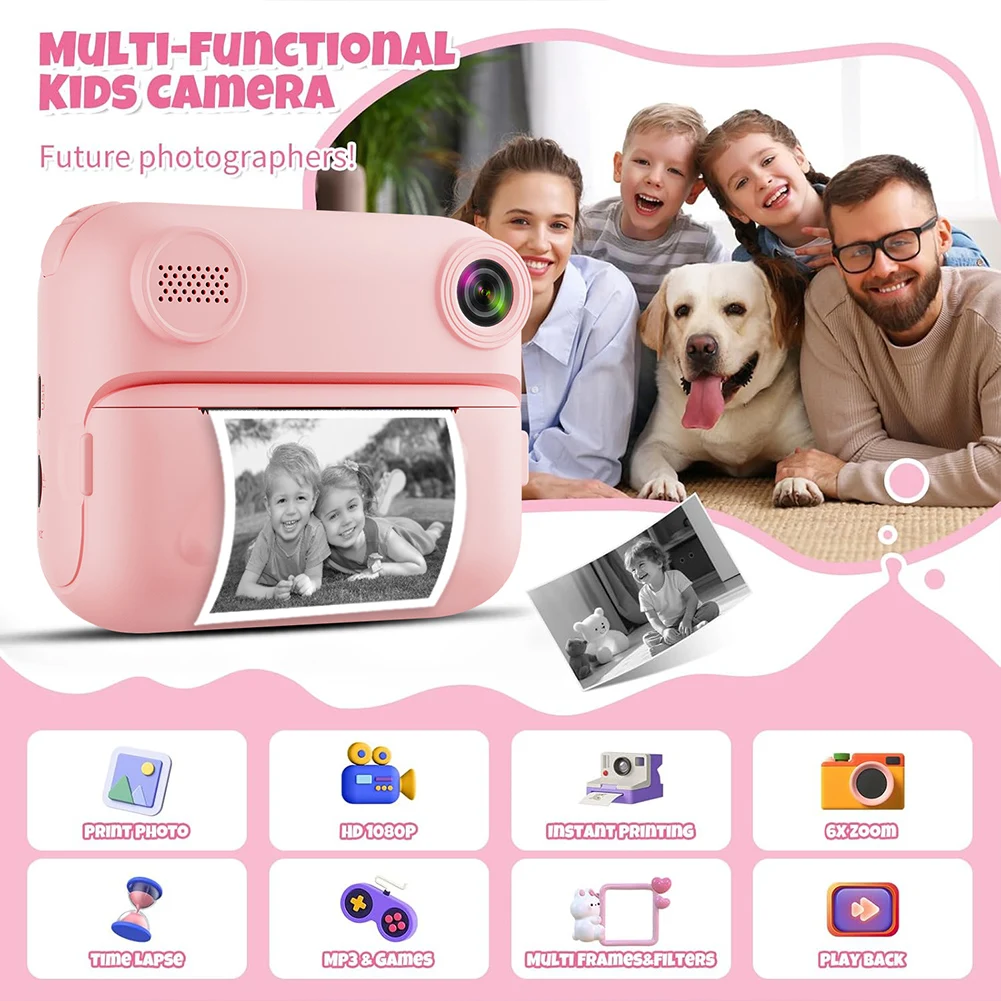 1080P камера с мгновенной печатью, 1300 мАч, цифровая видеокамера с зарядкой типа C, портативная цифровая камера для девочек и мальчиков, подарки на день рождения