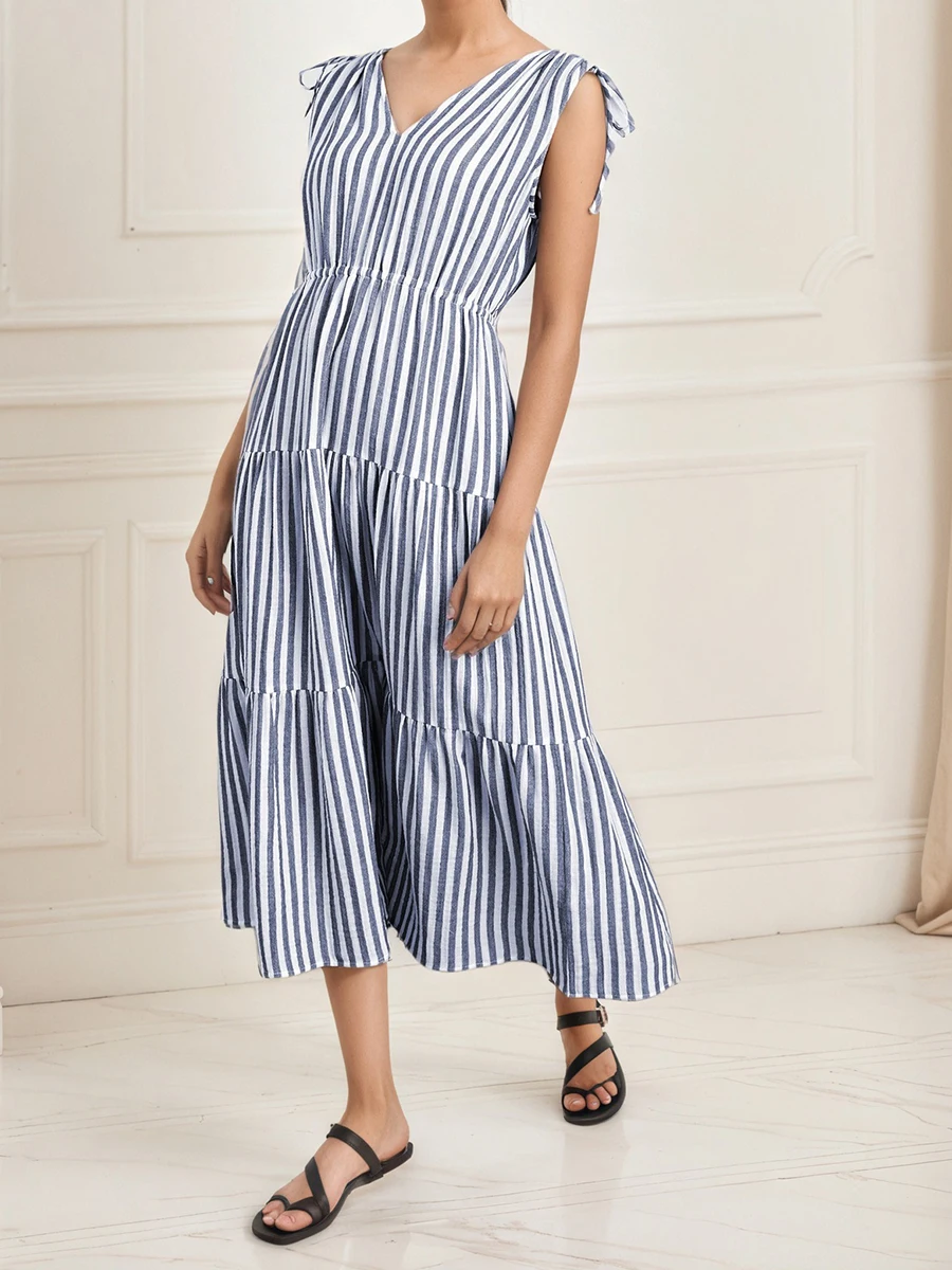 

Blue Striped Midi Dresses Women Summer New V Neck Lace-up Sleeveless A-line Vestidos Simple Casual Fashion Elegant Long Dress