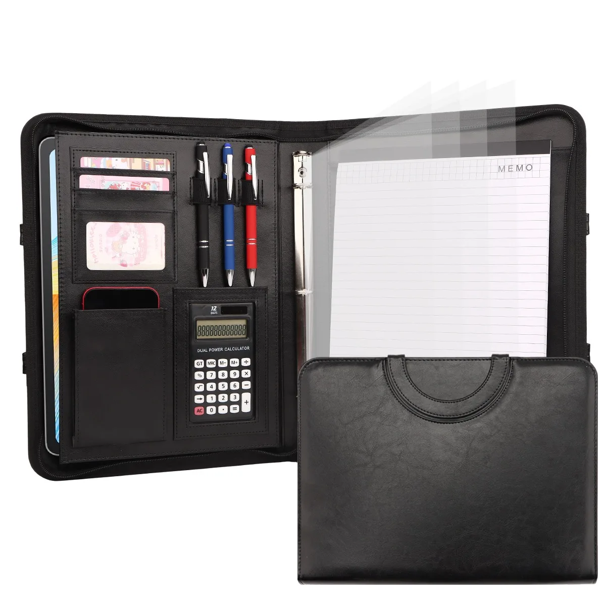 multifunctional-a4-3-ring-binder-pu-leather-business-portfolio-with-calculator-document-organizer
