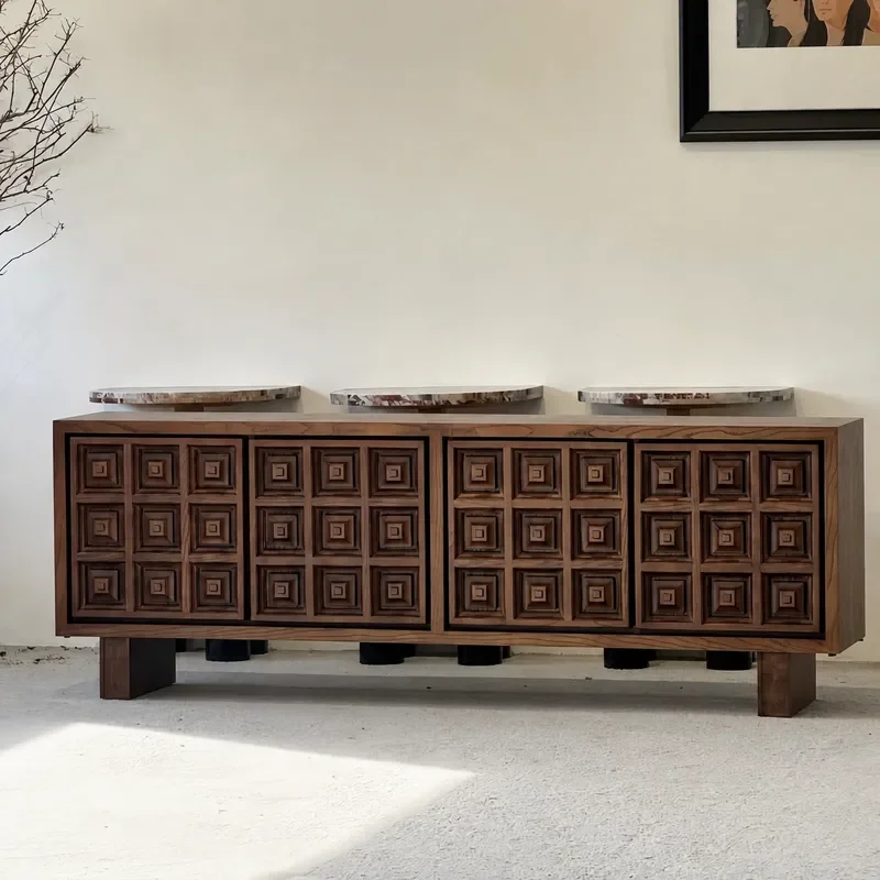 Medieval Style Solid Wood Dining Side Cabinet Retro Tea Storage Unit Simple Modern Entrance Console for Living Room Home