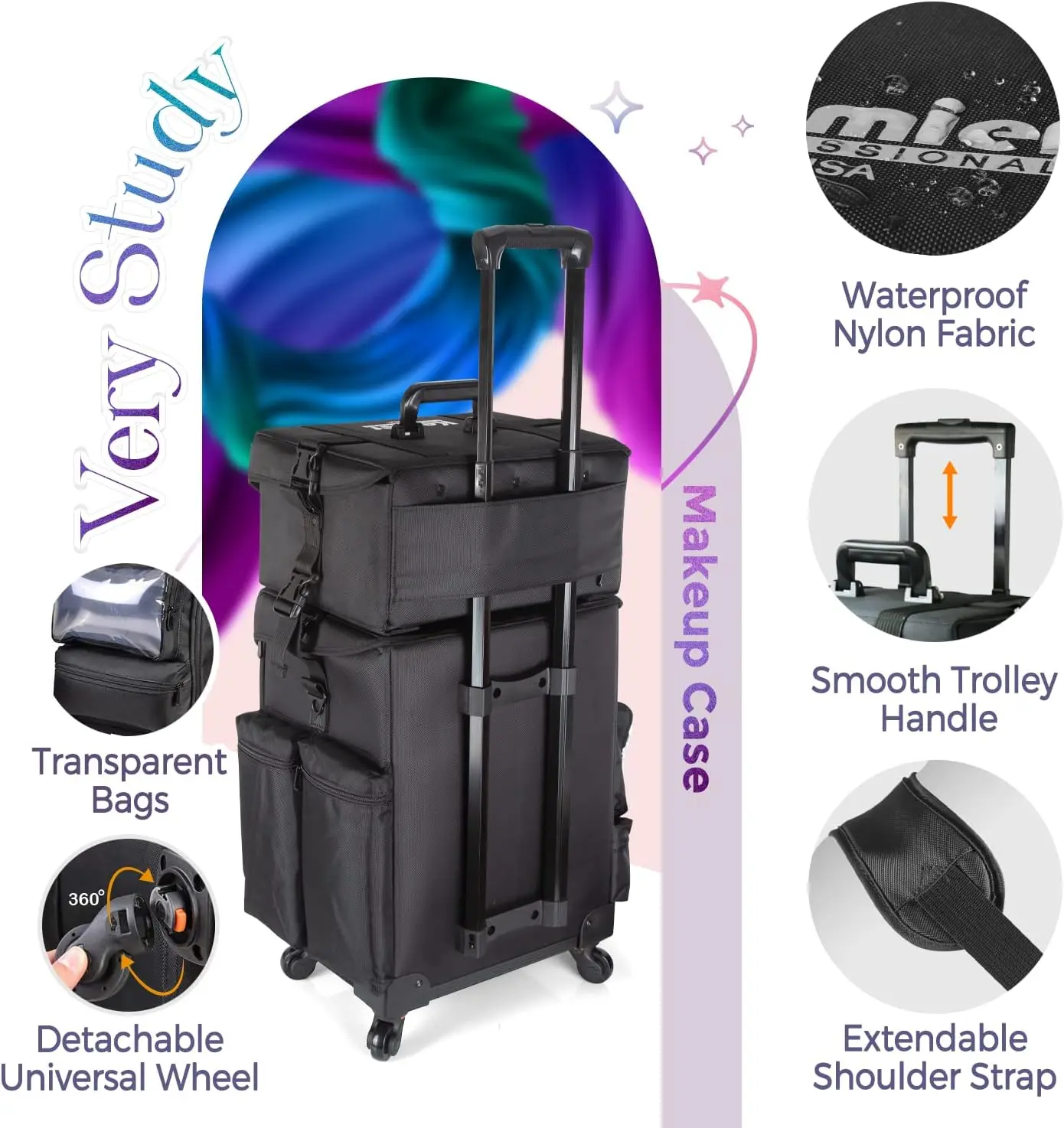 Professional Rolling Makeup Train Case with Removable Wheels and Storage Drawers for Artists and Stylists
