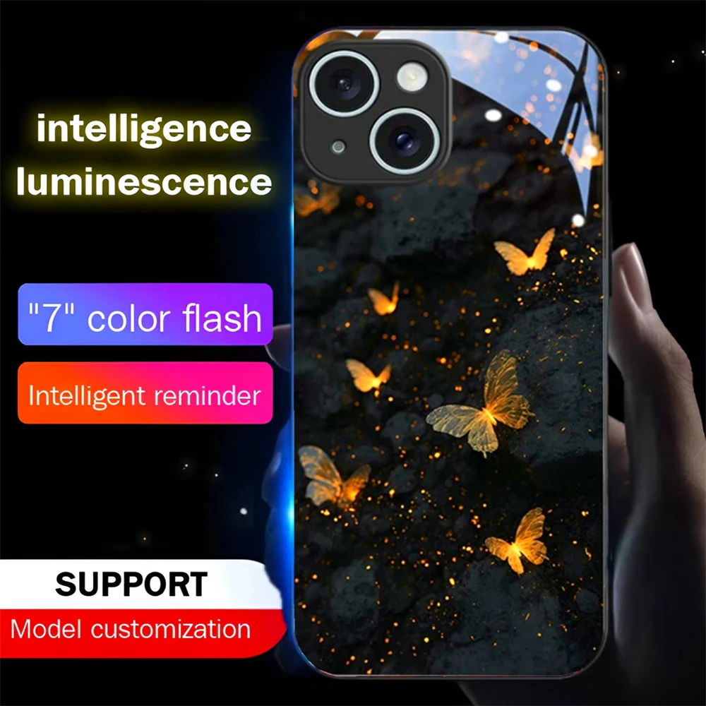 

Luxury Golden Butterfly Sound Control LED Flash Case Luminous Glass Cover For iPhone Air 17 16 E 15 14 13 12 11 Pro Max Plus