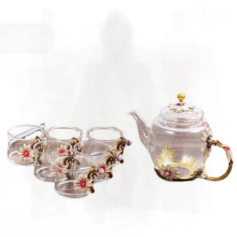 

Роскошный набор чайников с прозрачной стеклянной чашкой из боросиликатной эмали, современный минималистичный чайный сервиз с цветком на 6 человек