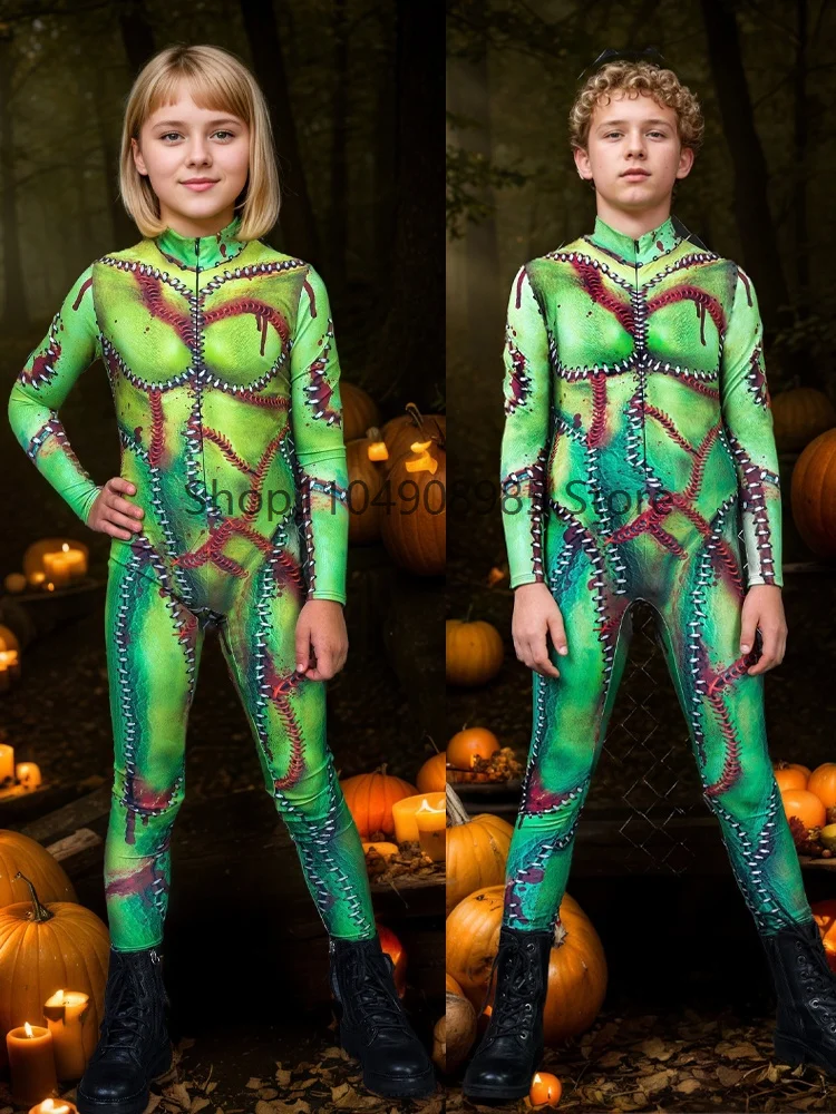 

Детский карнавальный костюм на Хэллоуин, комбинезон с принтом зомби и скелета для мальчиков и девочек, костюм зентай, рождественская праздничная одежда, подарки, детский мультфильм