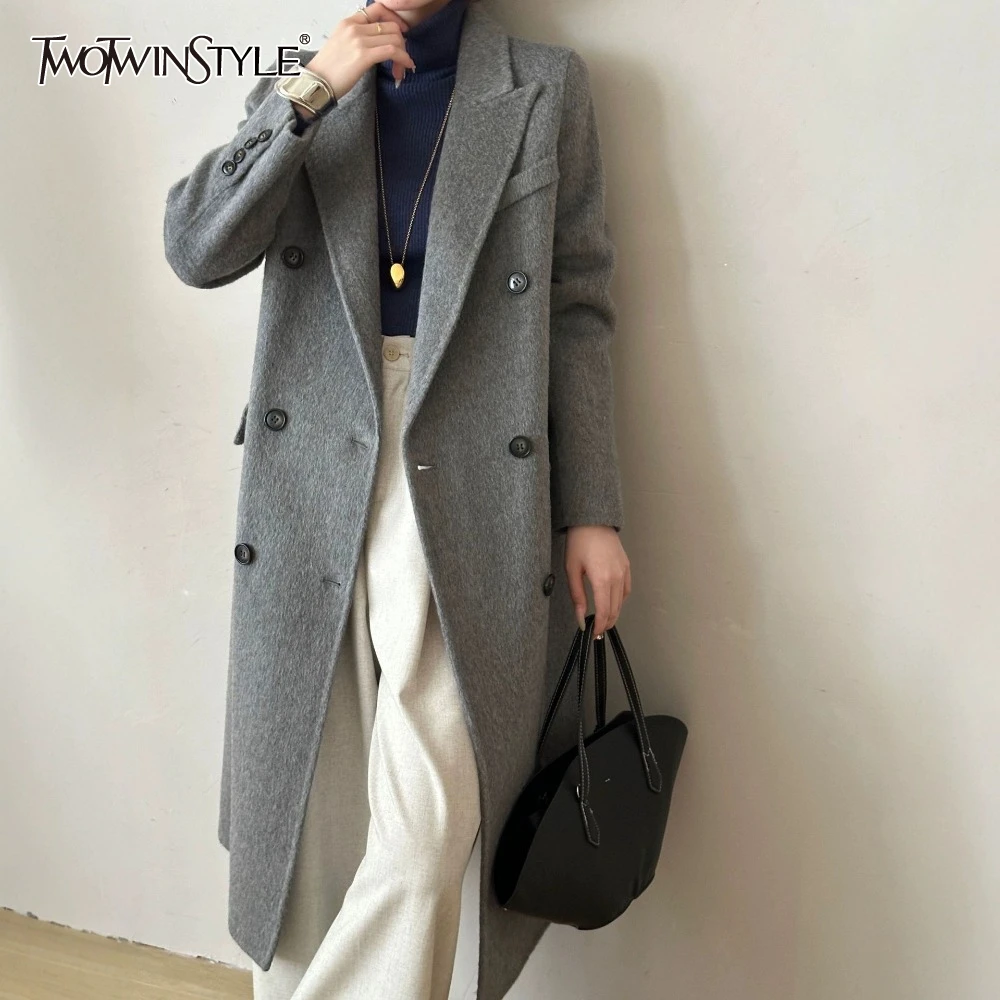 

TWOTWINSTYLE Solid Spliced Single Breasted Jacket Female Lapel Long Sleeve Loose Basics Women's Long Jackets Winter Fashion New
