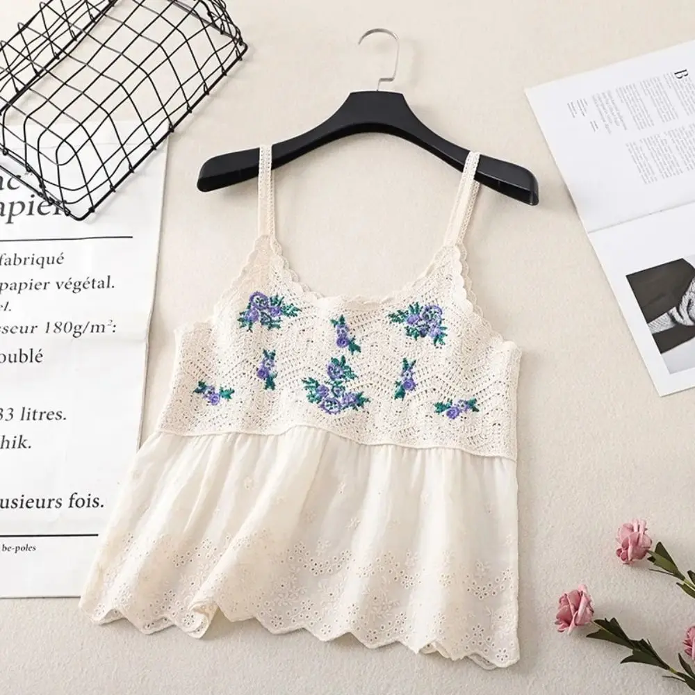 

New Summer Embroidered Hollow Knit Top Bohemian Cotton Short Tank Tops Sleeveless Embroidered Knitted Tops Woman