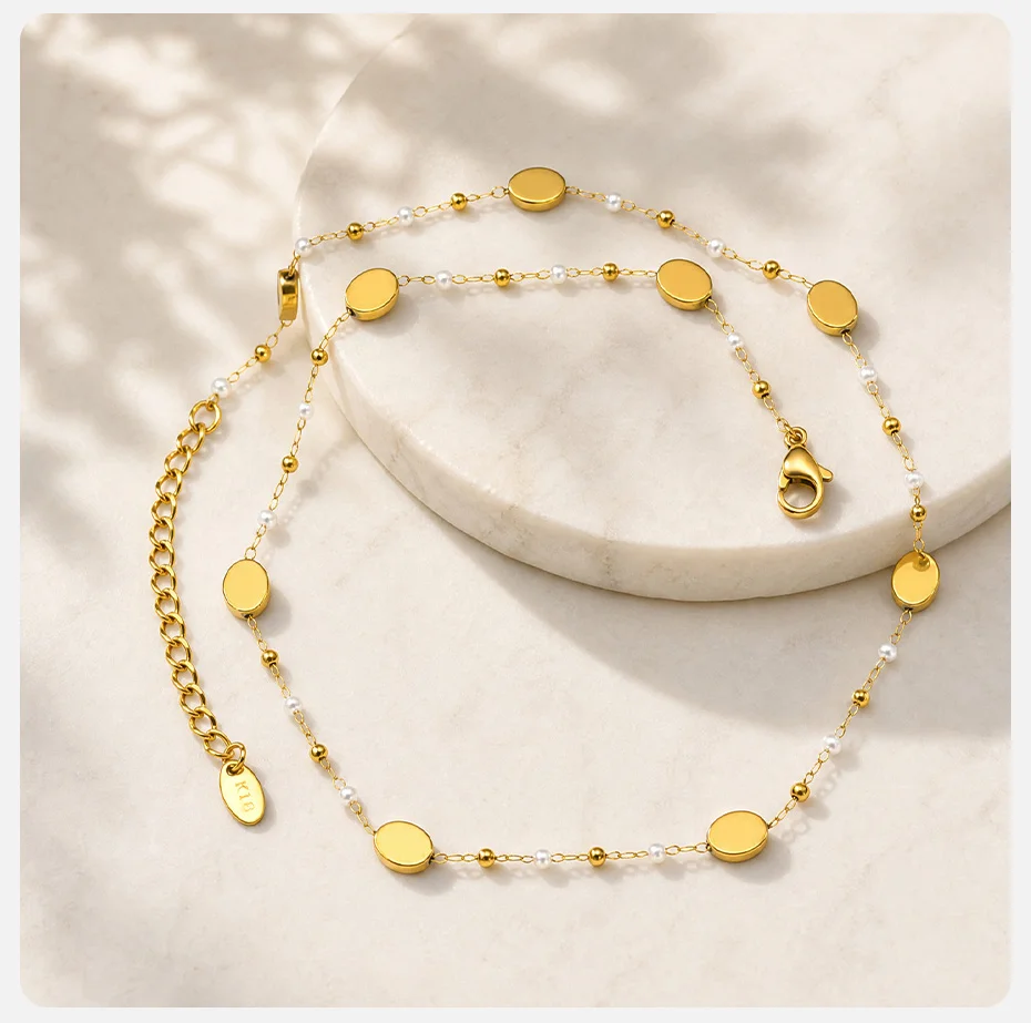Vnox Minimalistische Stapelbare Halskette und Armbänder mit Imitationsperlen für Damen, Trendiger Edelstahl-Schmuck mit Goldplattierter Ovaler Kette – Detail 11