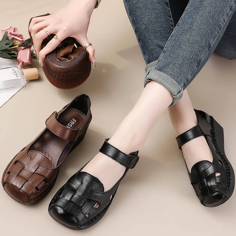 Cowhide Retro Wedges Sandals For Women\'s Summer New Cow Tendon Soft Sole Genuine Leather Mother\'s Shoes Thick Sole Women\'s Shoes