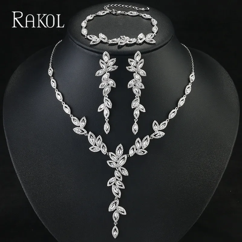 RAKOL Fashion Zircon Pendant Earrings Necklace Bracelet Luxury Bridal Wedding Jewelry Set Evening Dress Party Accessories