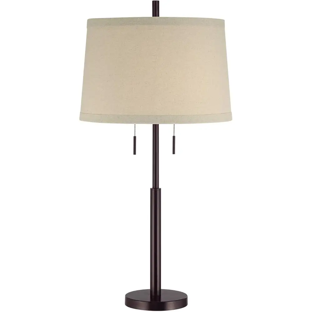 Euro Design 3-Way Skinny Table Lamp 33 Tall with Dimmer, USB Port, Matte Bronze Metal, White Burlap Drum Shade for Bedroom, Livi