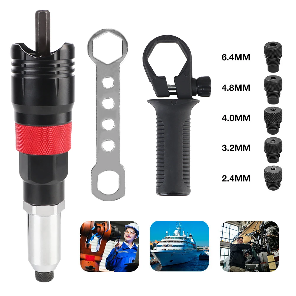 Electric Rivet Nut Tool Insert Nut Riveting Tool Home Cordless 2.4MM/3.2MM/4.0MM/4.8MM/6.4MM Adapter Kit Rivet Nut Gun Converter