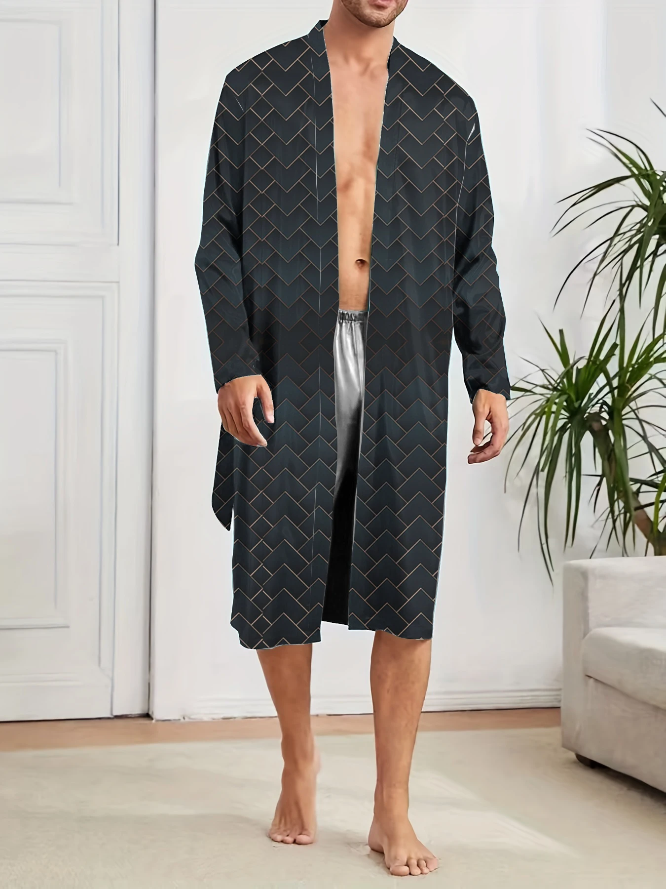 الربيع والخريف سريعة الجافة الرقمية المطبوعة عارضة مريحة دش رداء النوم، الرجال العصرية ثوب نوم طويل