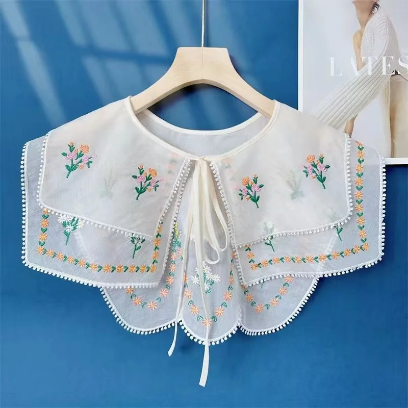 False Collar Women Detachable Dickey Collar Hanfu Shoulder Warp Embroidery Collar Lace Up Neckline Easy To Wear