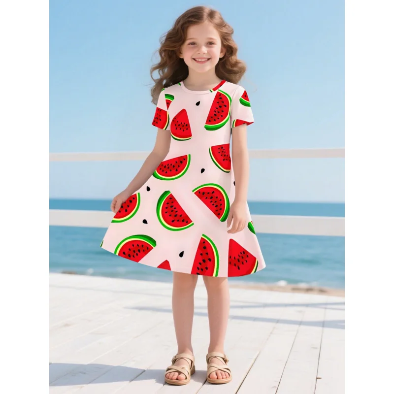 2025 Girls Watermelon Print Short Sleeve Dress Summer Fresh & Sweet Kids A Line Skirt Fruit Style Girl Beach Vacation Dress