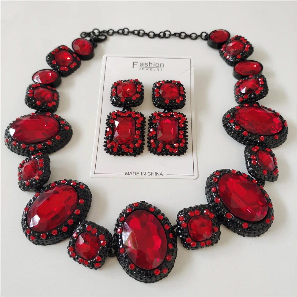 Fashion Big Red Green Crystal Rhinestone Necklace Earrings Women Jewelry Sets Indian Statement Oval Square Metal Choker Necklace