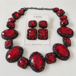 Fashion Big Red Green Crystal Rhinestone Necklace Earrings Women Jewelry Sets Indian Statement Oval Square Metal Choker Necklace