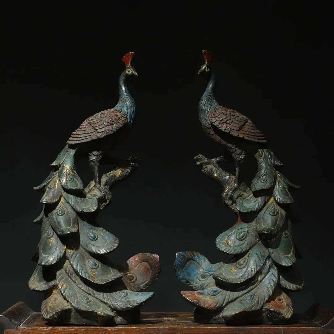 

15"Tibetan Temple Collection Old Bronze Cinnabar Mud gold Peacock Statue A Pair Divine Beast Amass wealth Ornaments Town house