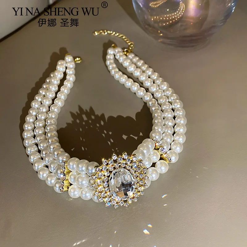 Multilayered Pearl Diamond Necklace for Women Exaggerated Short Atmospheric Elegant Jewelry Necklace Wedding Birthday Party Gift