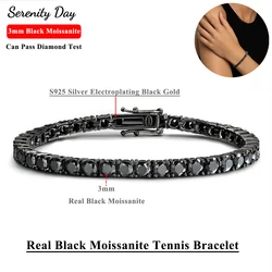 Serenity 3mm Real Black Moissanite Tennis Bracelet For Women S925 Silver Plated Black Gold Sparkling Men Bracelet Chain Jewelry
